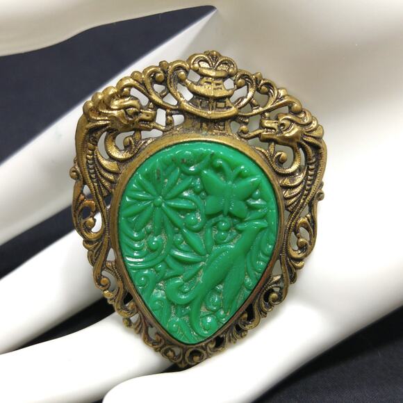 Vintage Chinese Faux Jade Brooch Pendant, Hidden Dragons Pagoda Phoenix, 1940s - Picture 2 of 10